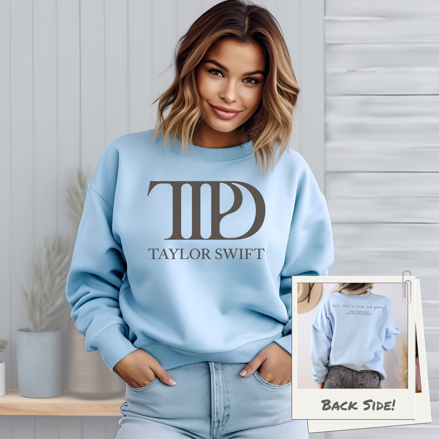 Taylor Swift Tortured Poets Department Chocolate Logo 2-sided Crewneck Baby Blue Sweatshirt